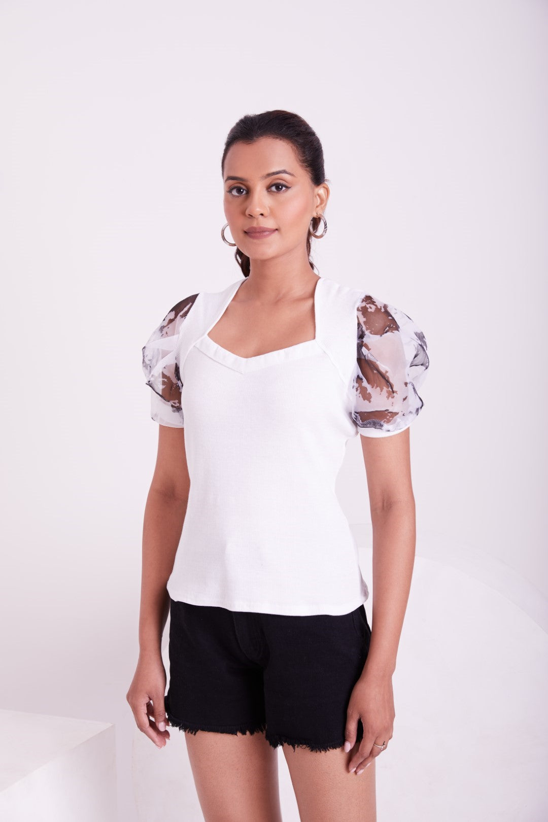 Floral Organza Puff Sleeve Ribbed Top – Sweetheart Neck Women’s Casual Top