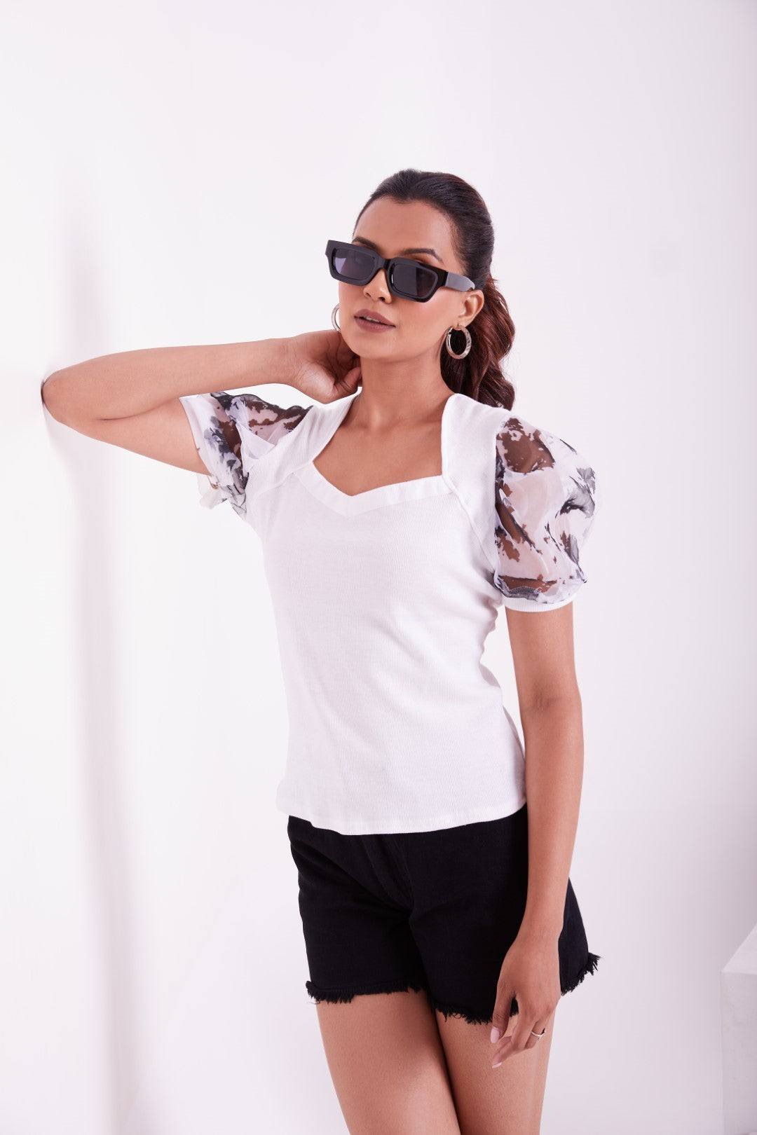 Floral Organza Puff Sleeve Ribbed Top – Sweetheart Neck Women’s Casual Top