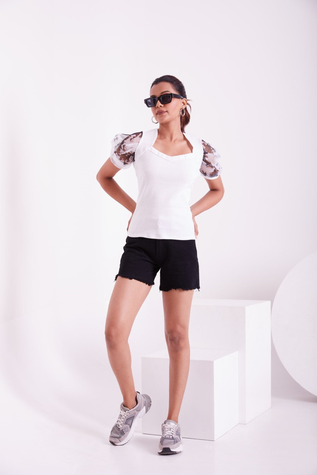 Floral Organza Puff Sleeve Ribbed Top – Sweetheart Neck Women’s Casual Top